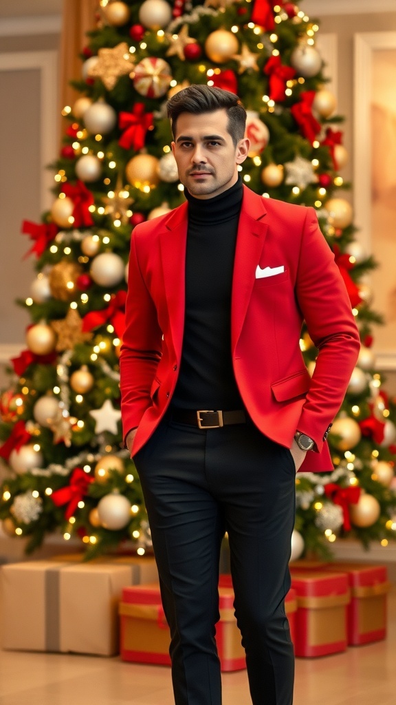 A fashionable man in a red blazer and black turtleneck by a Christmas tree.